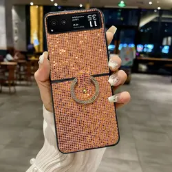 Luxury Bling Lattice Pattern Rhinestone Ring Grip Phone Case - Fashion Glitter Shell - Motorola Razr 40 (Orange)