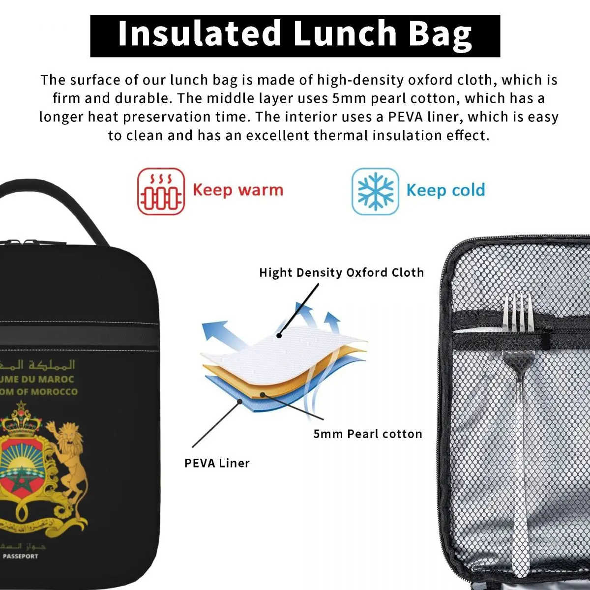 Moroccan Passport Kingdom Of Morocco Insulated Lunch Bag for Women Resuable Thermal Cooler Bento Box Office Work School