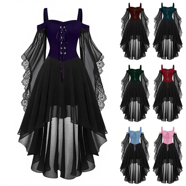 Gothic Style Halloween Witch Dress with Strap V-Neck Full Sleeve Long Skirt for Women Empire Waist Floor-Length Ankle-Length