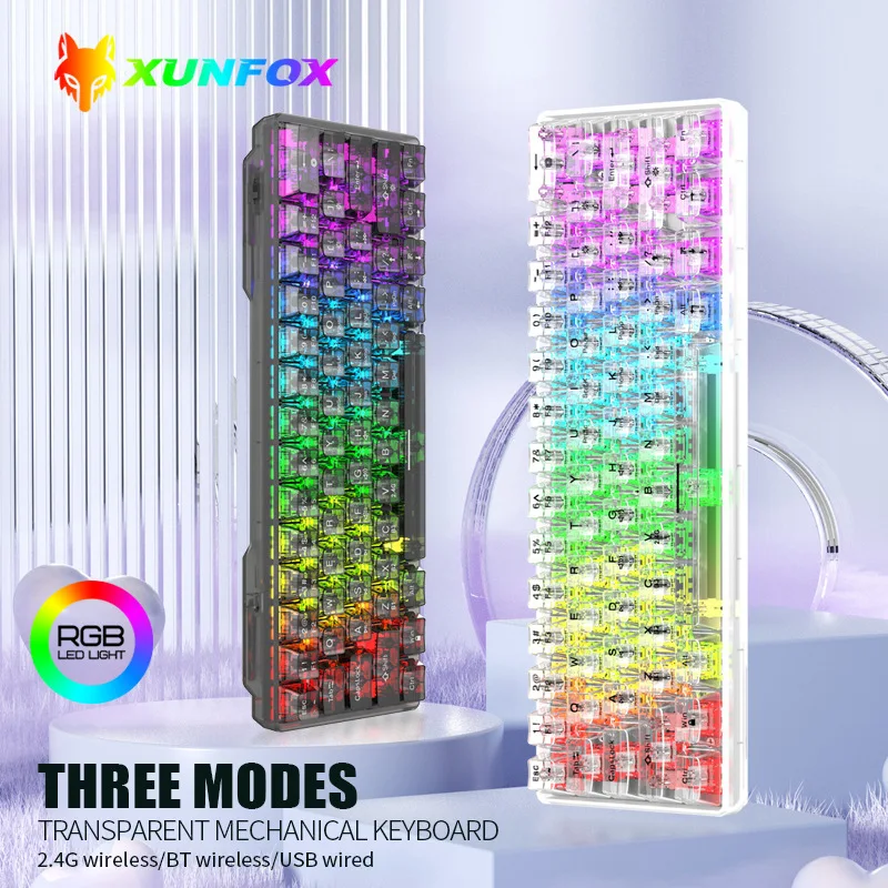 XUNSVFOX 무선 블루투스 트라이 모드 기계식 축 키보드, 투명 케이스, RGB 게이밍 맞춤형 키보드