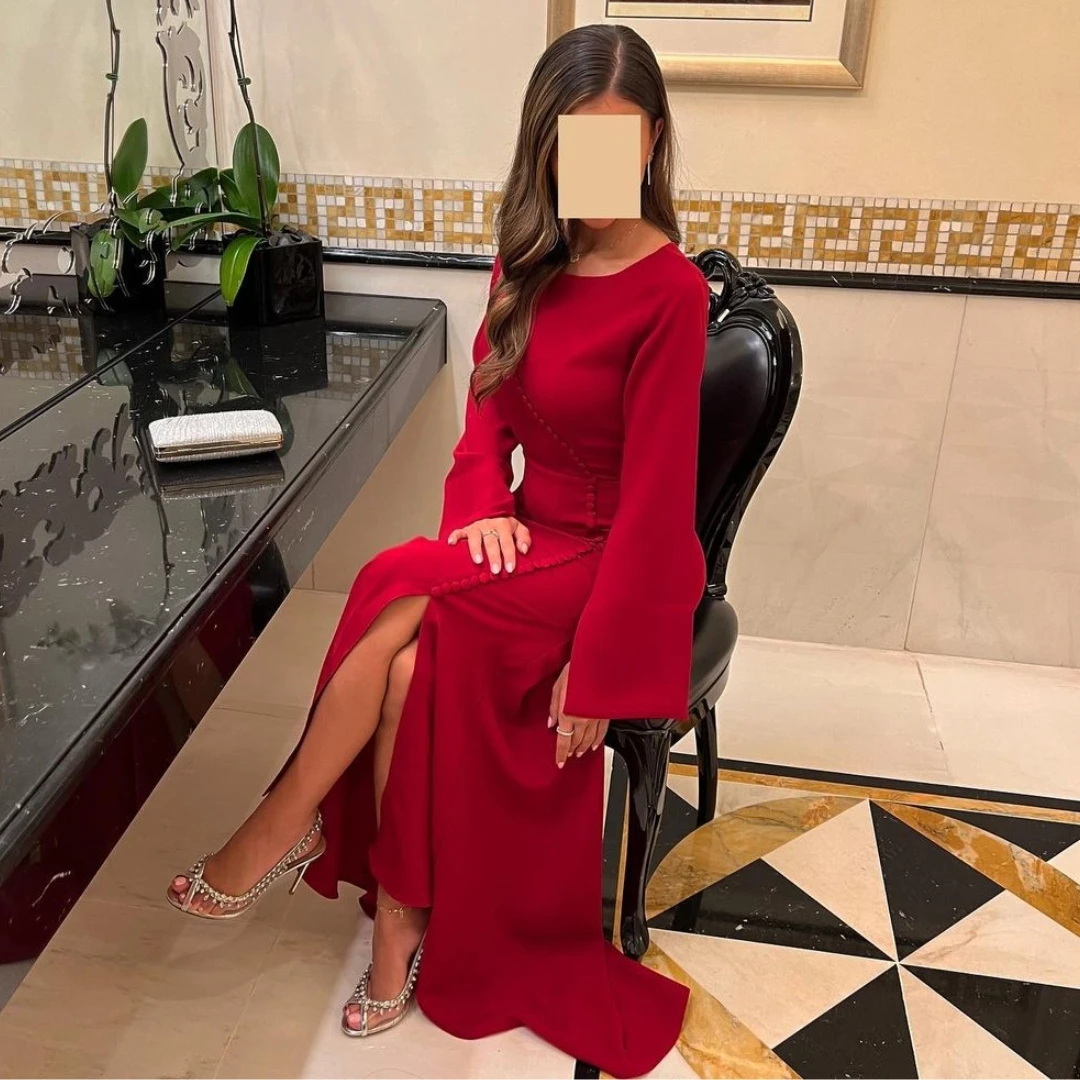 Customized Scoop Neck Evening Dresses Saudi Arabia Long Sleeves Buttons  Side Slit Prom Dress Zipper Back Vestidos De Noches - AliExpress 320