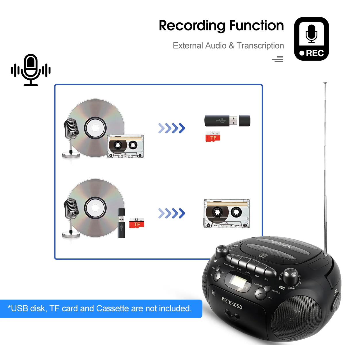 Portable CD Cassette Player RETEKESS TR630 Boombox Stereo Radio FM AM 3W Speaker TF USB Recording Remote Control For Home