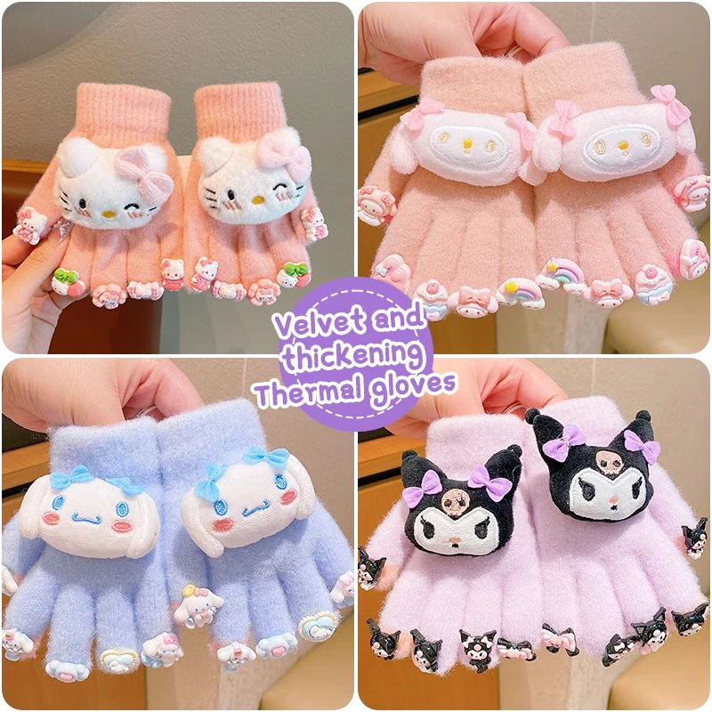 Kawaii Sanrio Hello Kitty Child Thermal Gloves Kuromi My Melody Warm Windproof Full-finger Gloves Kid Gift