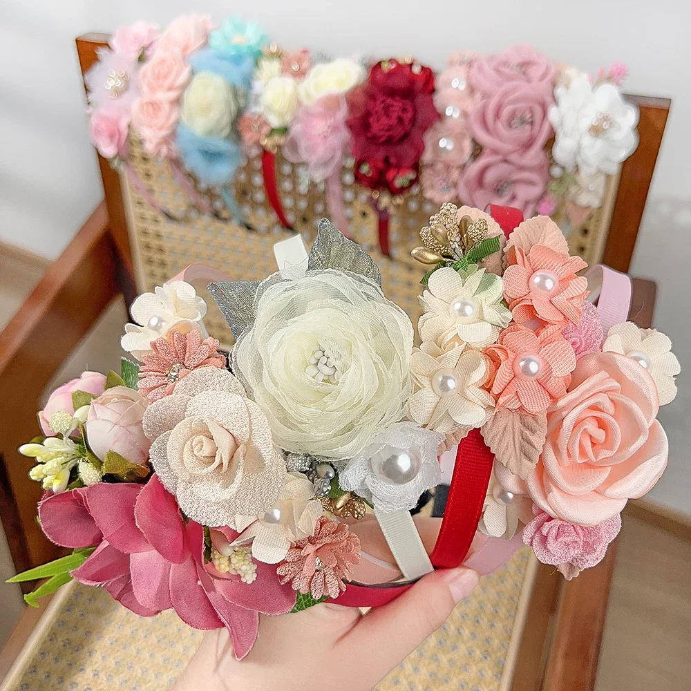 1pcs Bride Wedding Hairband Artificial Flower Crown Headband Hair Accessories Women Girls Sweet Floral Hair Hoop Party Headwear janevini artificial rose bridegroom corsages flowers red bride wrist bracelet wedding brooch for groom boutonniere femme mariage