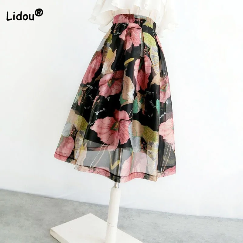 Fashion Summer Female High Waist Vintage Floral Printed Shirt Women's Clothing Elegant Temperament Pleated Ball Gown Midi Skirts woman fashion pleated cape sleeve buckled jumpsuit temperament commuting new female simple skinny high waist elegant jumpsuits