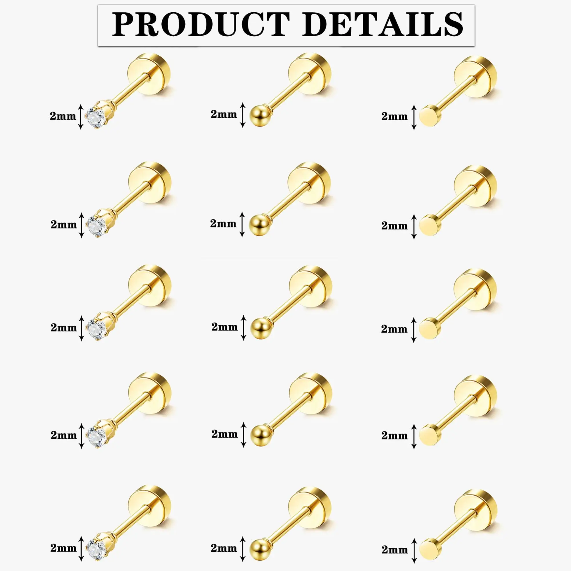 15 Pairs Tiny Surgical Steel Gold Stud Earrings, Comfortable Screw Back Flat Back Earrings with CZ Dot Ball Stones, 2mm, 20G 2