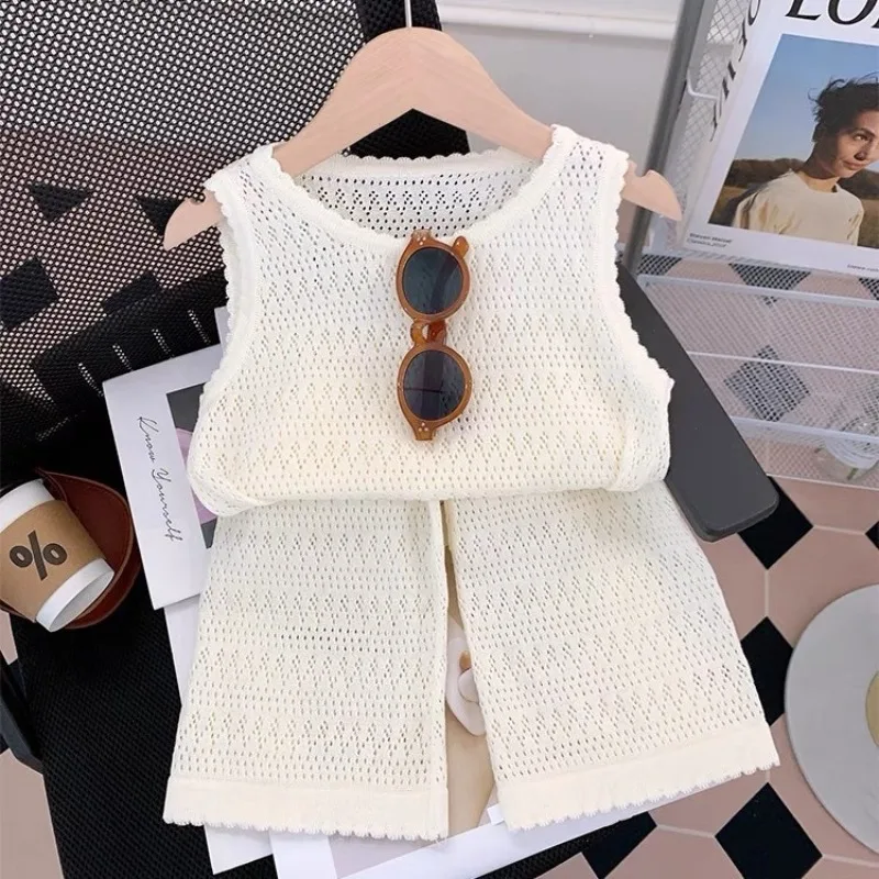 

Kids Clothes Girls Clothes 2024 Summer New Girls Clothing Vest Two Piece Set Korean Style Western Knitted Set Baby Clothes