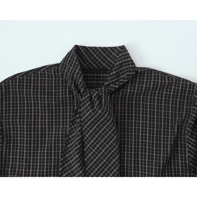 Chic Fashion Check Shirts for Women 2025 New Long Sleeve Scarf Collar Women's Casual Loose Simple Style Shirt And Blouse Tops