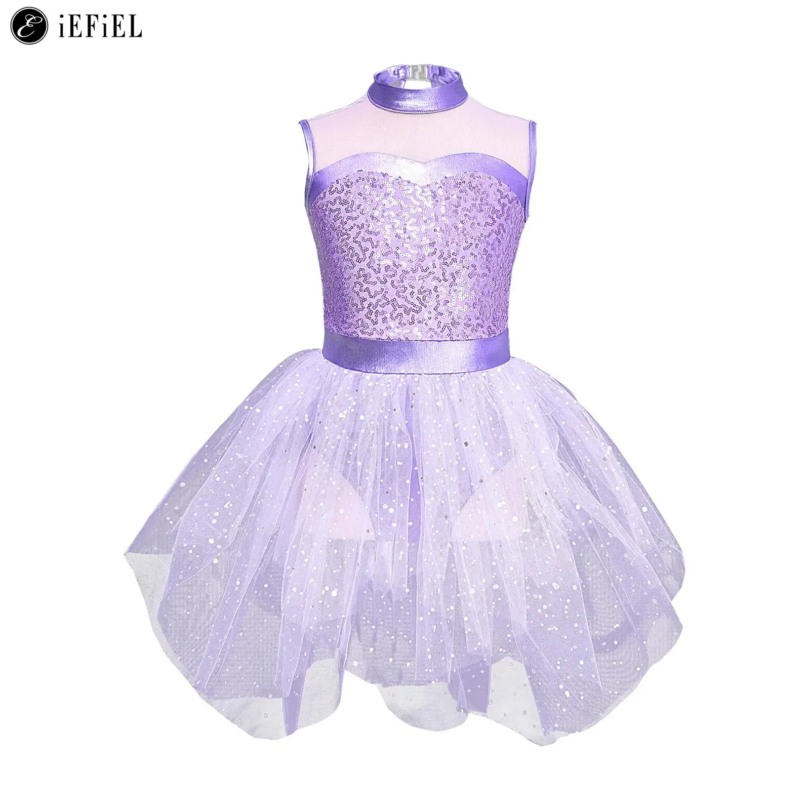 

Kids Girls Glitter Tutu Skirted Leotard Sequins Mock Neck Keyhole Back Ballet Dance Gymnastics Dress Dancewear Ballerina Costume