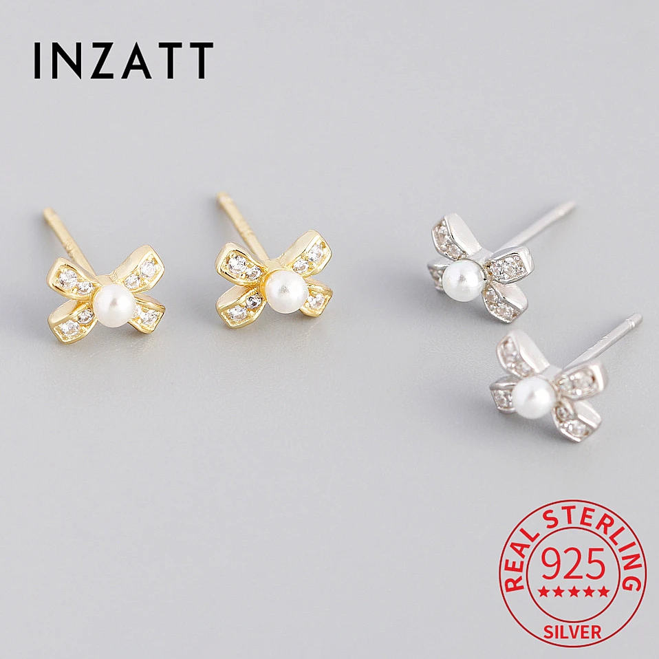 

INZATT Real 925 Sterling Silver Pearl Zircon Bowknot 14K Gold Stud Earrings For Women Classic Fine Jewelry Geometric Accessories