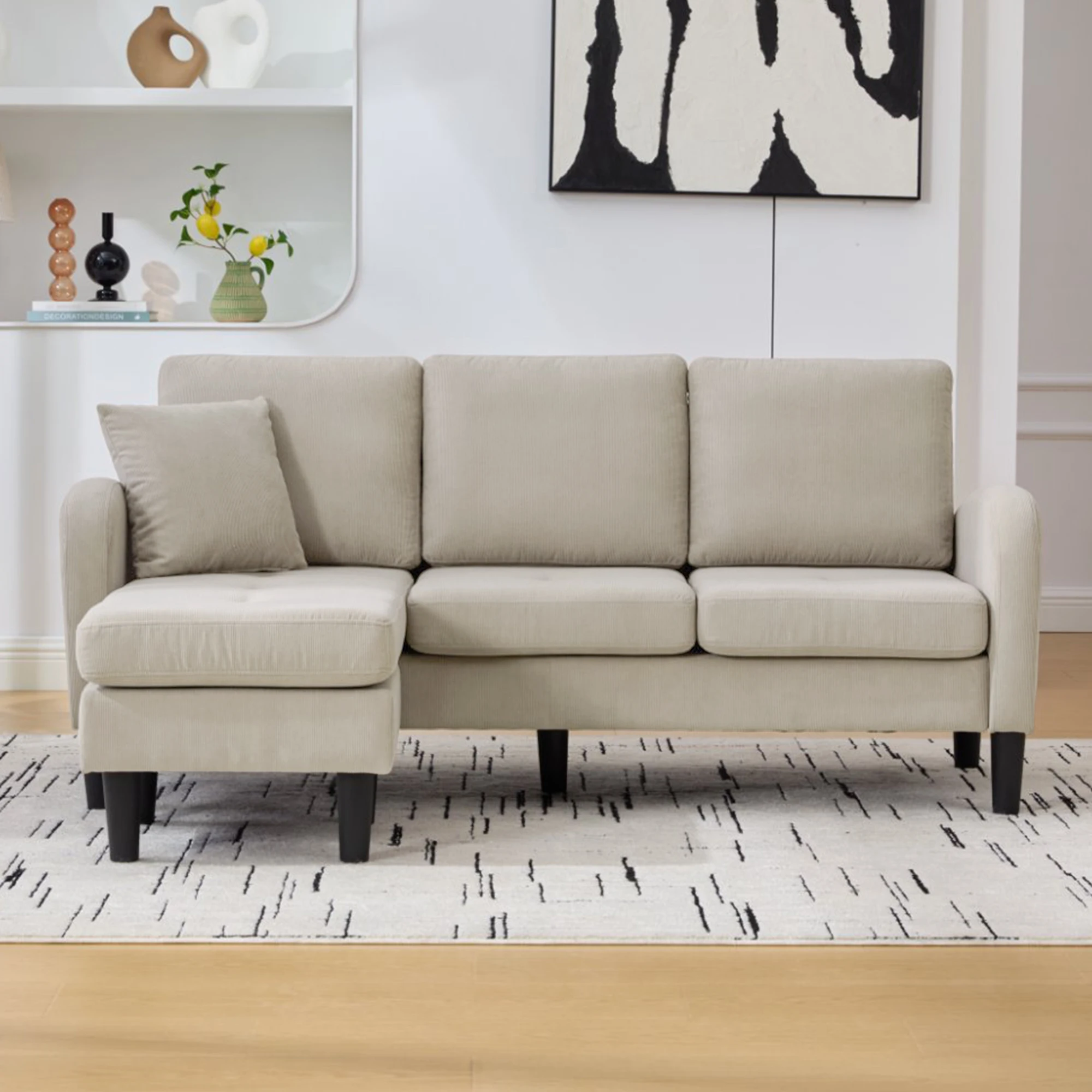 KOMHTOM L Formiges Ecksofa Mit Chaiselongue 3 Sitzer Sofa Atmungsaktiver Baumwoll Leinenstoff Kunststoffbeine Modulares Design – Detail 4
