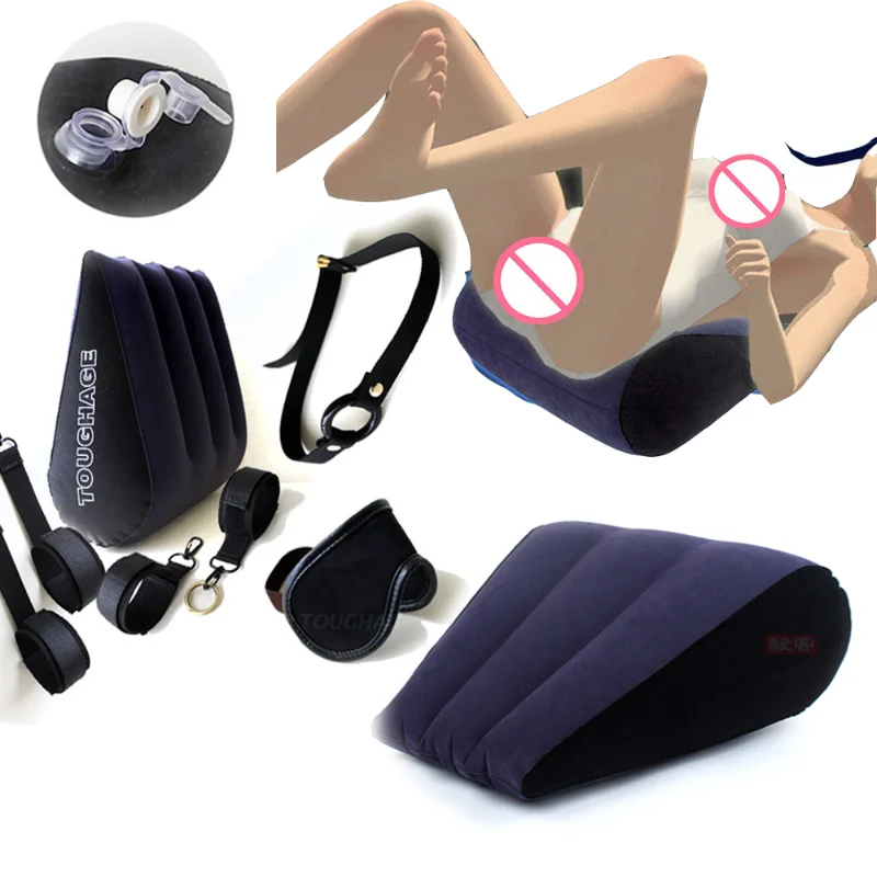 Inflatable Sexual Sex Pillow Triangle Cushion Position Aid Sex Furniture Body Pad Open Mouth Gag Eye Mask Hand Ankle Cuffs Set