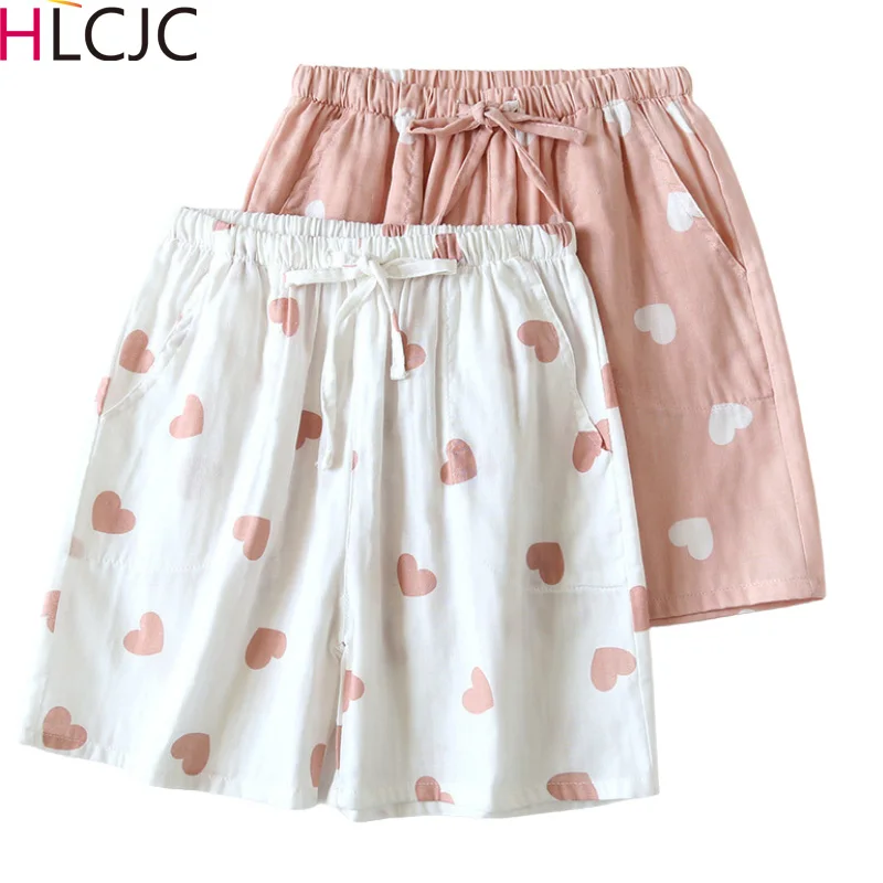 

100% Cotton Gauze Pajamas Shorts Womens Summer Thin Wear Lazy Loose Sleep Bottoms Elastic Waist Cartoon Print Ladies Lounge Wear