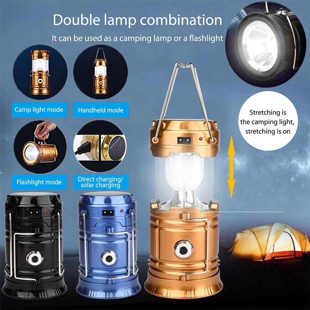 Led Collapsible Portable Solar Dc Rechargeable Lantern Flashlight