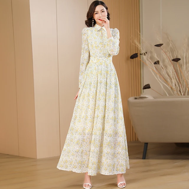 Office Lady Spring Autumn Long Sleeve Dress for Women Floral