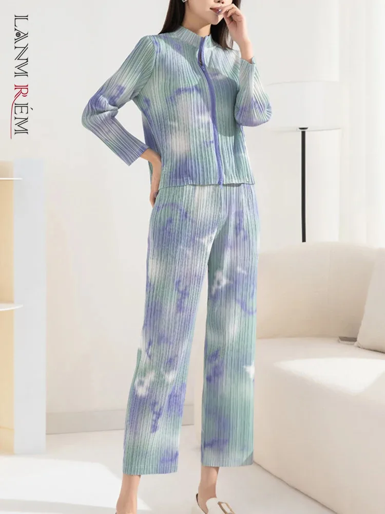 

LANMREM/модное элегантное пальто с принтом, 2 предмета, плиссированный набор, с воротником-стойкой, на молнии, с длинными рукавами, с высокой талией, прямые брюки, новинка, 2Q1323