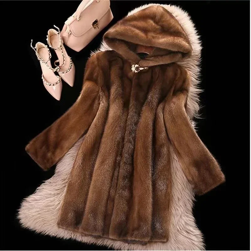 

Women Faux Fur Coats Female Mink Fur Coat Hooded Long Fur Coat Thick Warm Luxury Buttons Winter Clothes Large Size Fur Coats