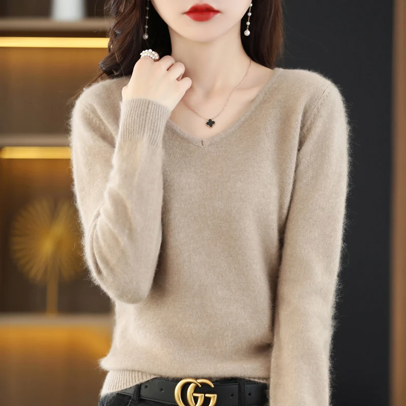 BELIARST 2024 Autumn Winter New Women's Clothing Sweater 100% Mink Cashmere Velvet V-Neck Pullover Knitted Large Size Tops 3