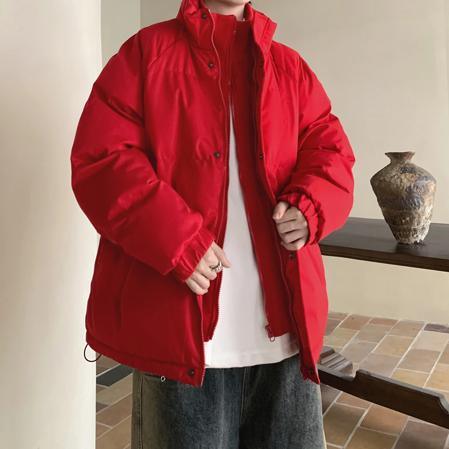 2023 Autumn Winter Men Fashion Solid Color Bright Cotton Clothes Fashion Fake Two Piece Hooded Padded Casual Loose Wadded Jacket