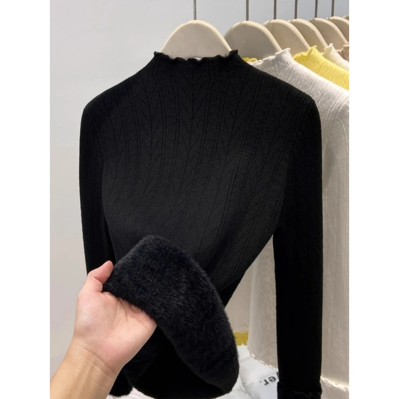 Autumn and Winter Slim-fitting Women's Wooden Ear Edge Semi-turtleneck Long-sleeved Sweater Elegant Integrated Velvet Knitwear
