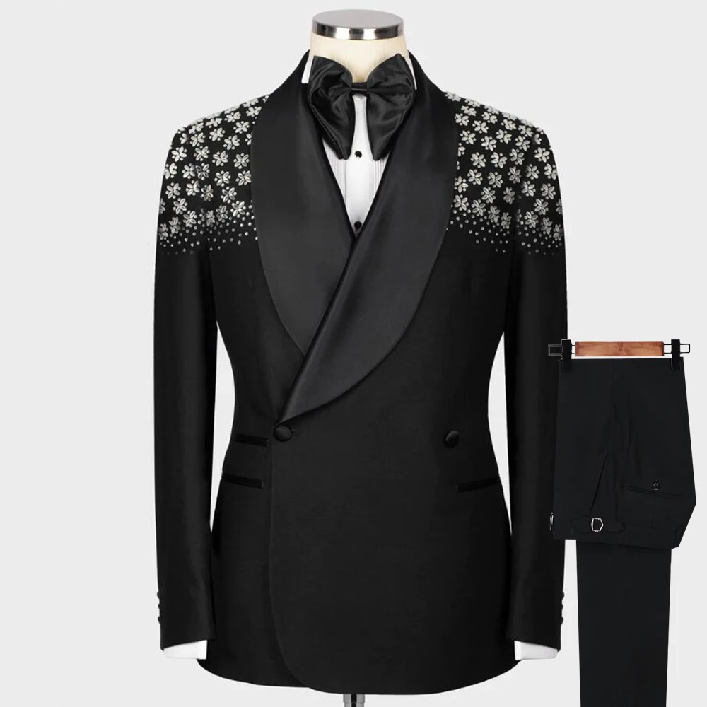 

Exquisite Black Wedding Suits For Men Crystal Beading Jewels Blazer Pants 2 Pieces Prom Party Groom Boyfriend Tuxedos Plus SIze