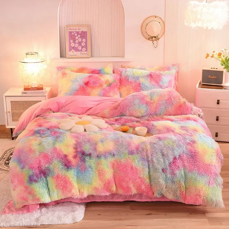 

4Pcs Ultra Soft Plush Shaggy Duvet Cover with Pillowcases, Colorful Tie Dye Fluffy Velvet Bedding Set with Hidden Zipper Closure