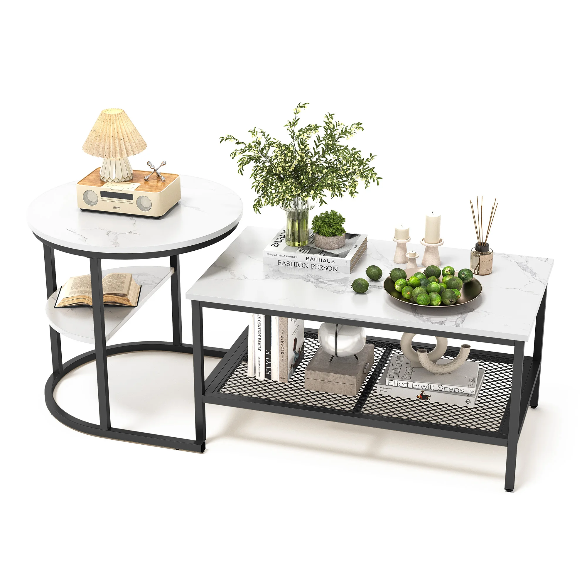 Comanlai Couchtisch-Set, moderner Satztisch mit Stauraum und Marmoreffektplatte, Beistelltische für Sofa, Wohnzimmer – Detail 6