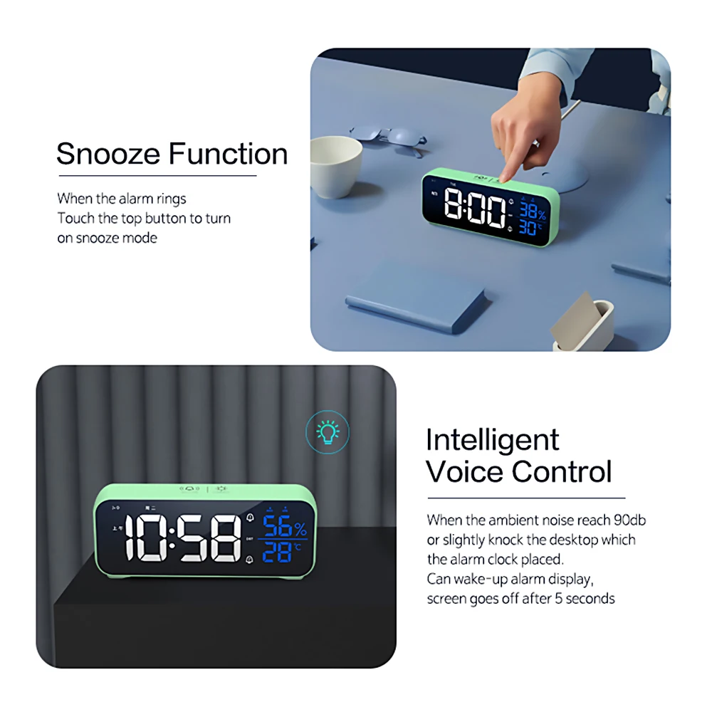 Music LED Digital Alarm Clock Voice Control Temperature Humidity Display Desktop Clocks Home Table Decoration Built-in 1200mAh 4