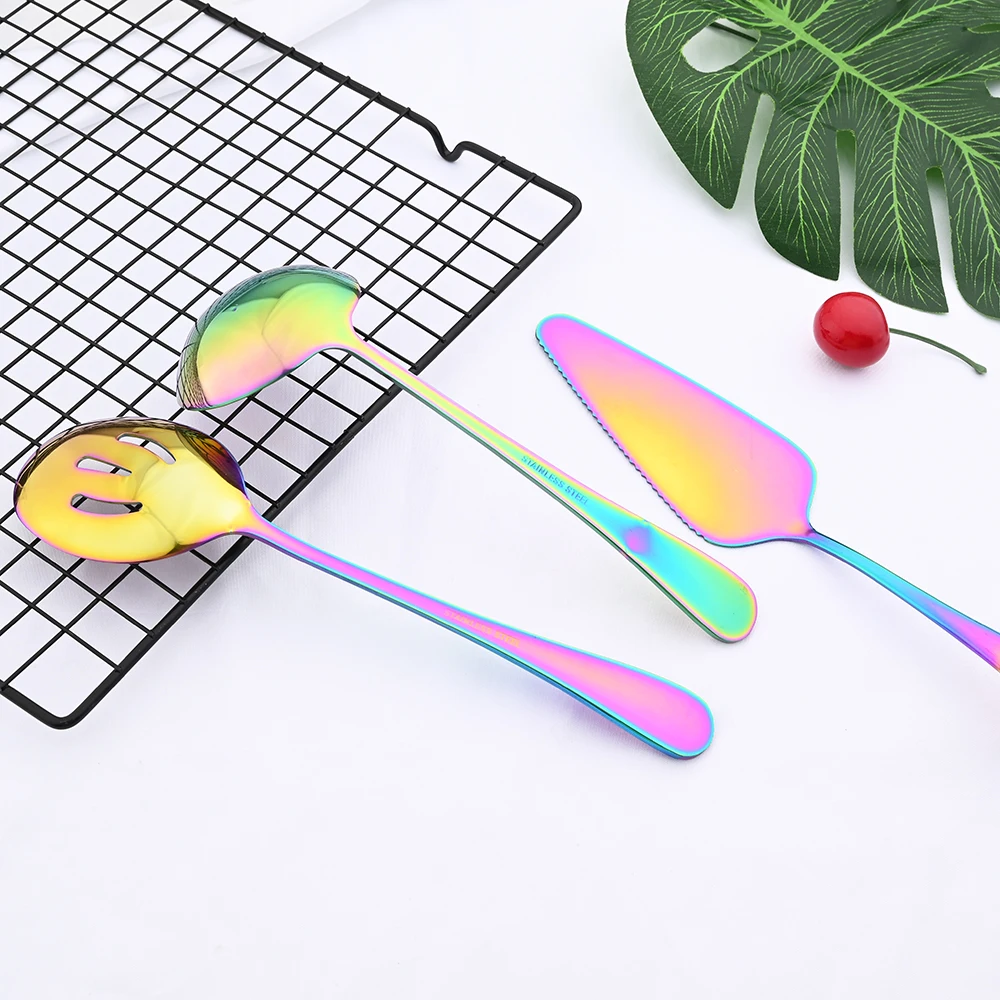 스테인레스 스틸 식기 세트, 레인보우 케이크 삽 서비스 포크 스푼, 케이크 포크, 티스푼, 수프 스푼 세트