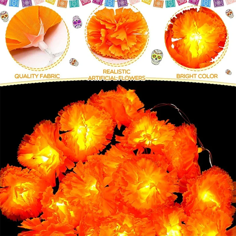 Halloween Diwali Party 1,5 m Girlande Lichterkette Mexikanische Ringelblume Künstliche Blumen Tag der Toten DIY Home Outdoor Dekor – Detail 2