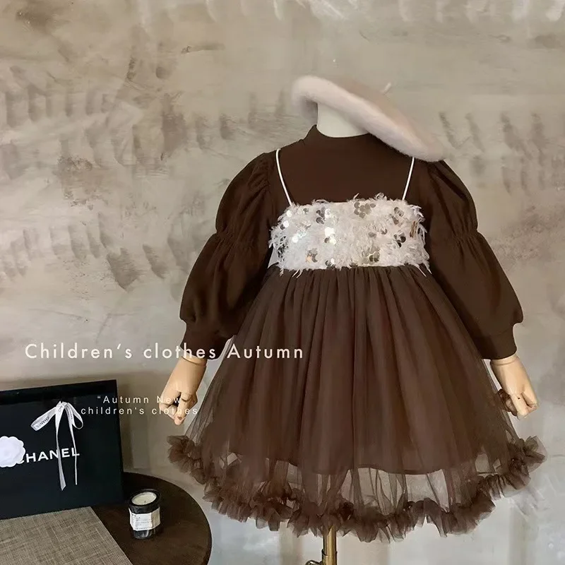 

2023 Autumn Girls Fashion Princess Long Sleeve Tull Dress with Sequins Two Colors
