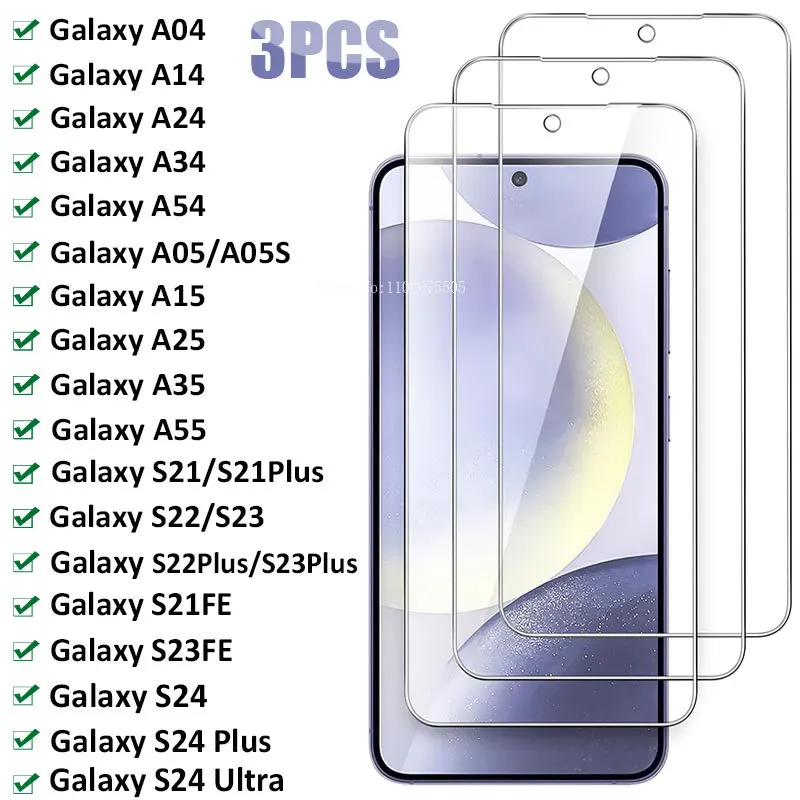

3 шт. закаленное стекло для Samsung Galaxy S24 S23 S22 Plus S21FE A04 A14 A54 A34 A15 A25 A05S A35 A55, защитная пленка для экрана, стекло