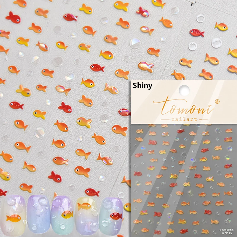 Shimmering Ocean-Themed Nail Art Stickers with Little Red Fish and Goldfish Designs