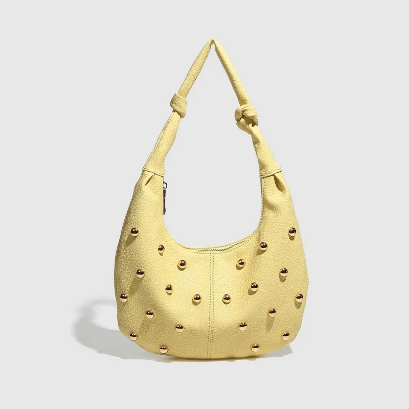 Black Half Moon Underarm Bag For Women Luxury Studded Beading Handbags Purse Solid Color Pu Leather Shoulder Crossbody Bags