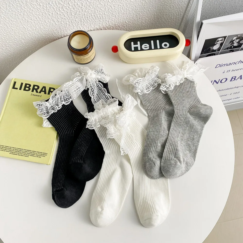 

Носки женские кружевные с бантом, мягкие эластичные хлопковые чулочно-носочные изделия в полоску, в стиле сладкой Лолиты, с икры, Нескользящие