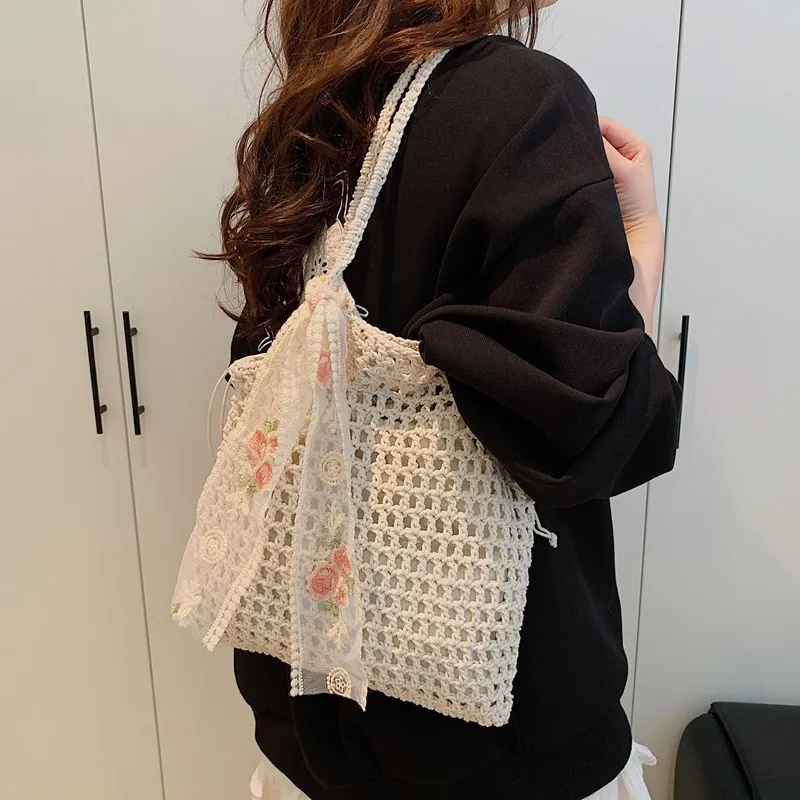 Latest Summer Beach Woven Lace Bow Tote Bag For Women 2-IN-1 Hollow-out Lightweight Large Capacity Shopper Shoulder Bag Female