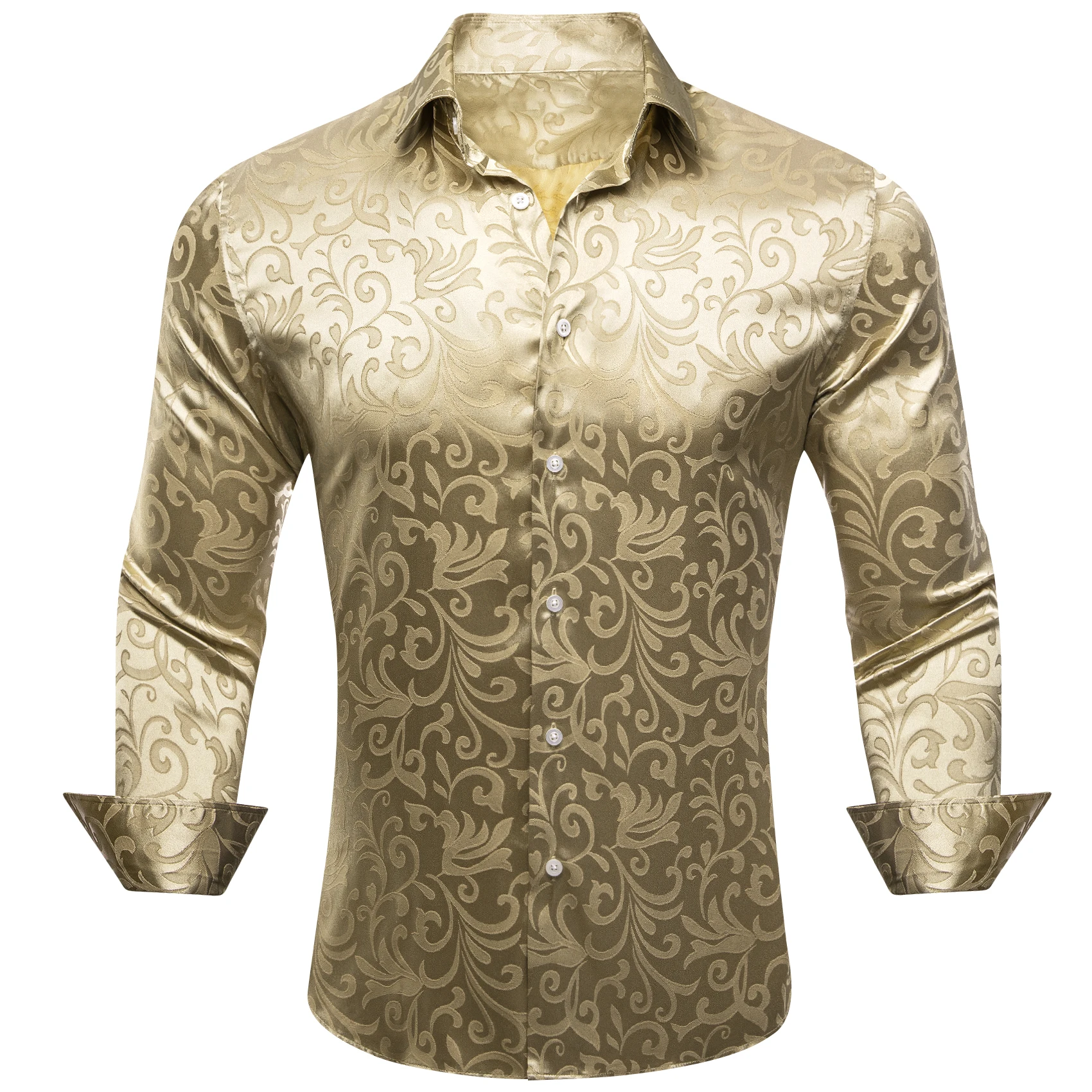 

Luxury Shirts for Men Silk Long Sleeve Brown Khaki Flower Slim Fit Male Blouese Casual Tops Formal Breathable Barry Wang