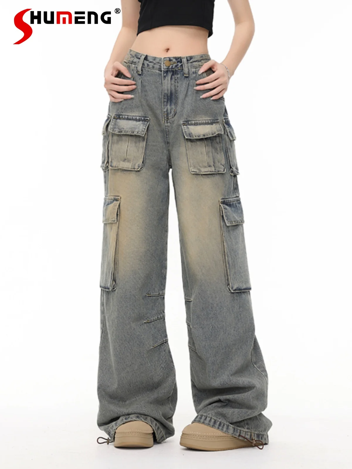 

American-Style Cargo Jeans High Street Retro Straight Jean Pants Men's and Women's Autumn and Winter Loose Wide-Leg Denim Pants