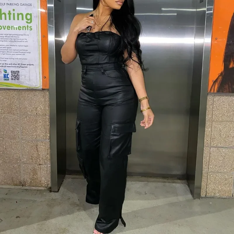 PU Leather Women Cargo Jumpsuits with Big Pockets Solid Off Shoulder Straight Rompers 2023 Fall Winter High Street One Pieces