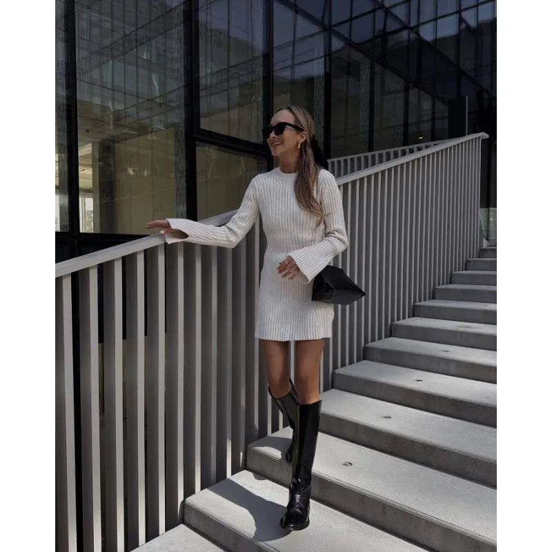 Hollow Out Ribbed Knitwear Mini Dress Female Sexy Loose High Waist Patchwork Party Dress Casual Elegant Knit Women Dress