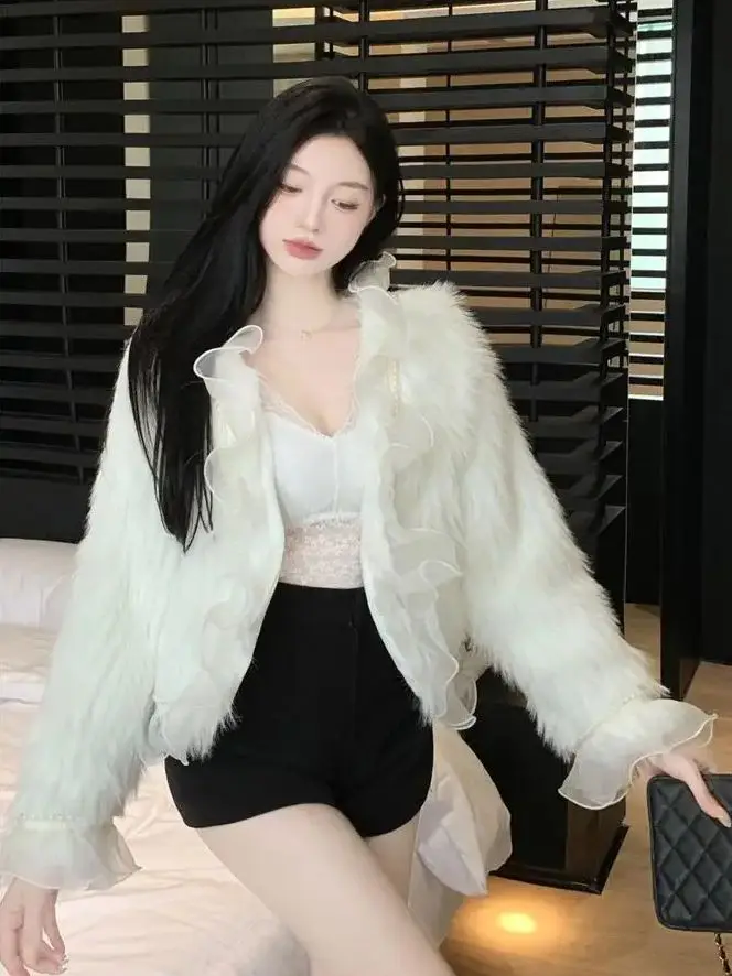 

Korea White Lace Ruffle Jacket Autumn Winter Imitation Fox Fur Coat Fashion Young Short Coat Women Sweet Fur Jacket Female Trend