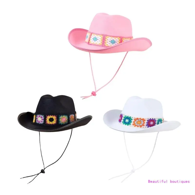 

Fashion Crochet Flower Pattern Cowgirl Hat with Adjustable Rope Girl Western Hat DropShip