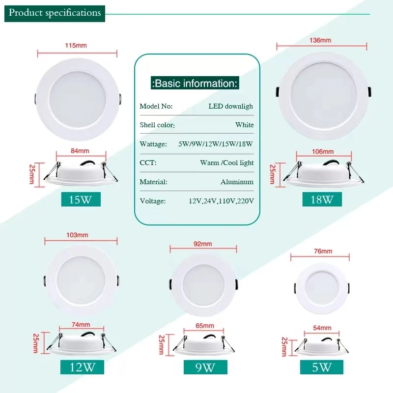 오목 LED 다운라이트 천장 조명, 차가운 따뜻한 흰색 원형 패널 램프, 금색 실버 흰색 쉘 스포트라이트, 5 W, 9 W, 12 W, 15 W, 18W, 220V