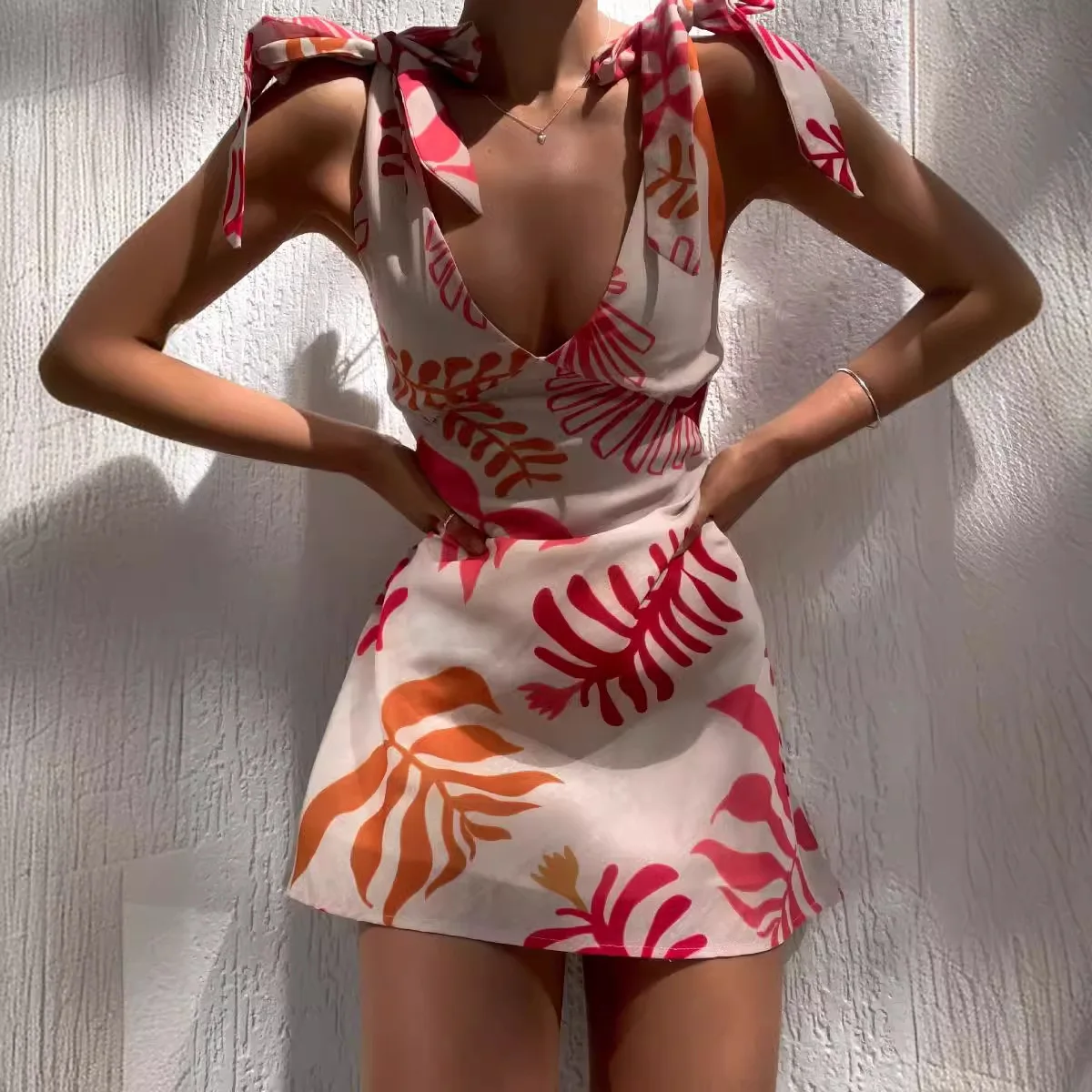 Women’s Casual Leaf Print Summer Dress | Mini
