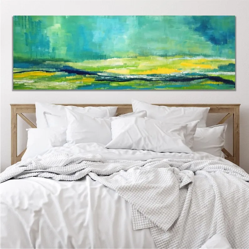

Modern Landscape Horizontal Wall Decor Living Room Wall Art Large Horizontal Painting Art Canvas Landscape Abstract Blue Green