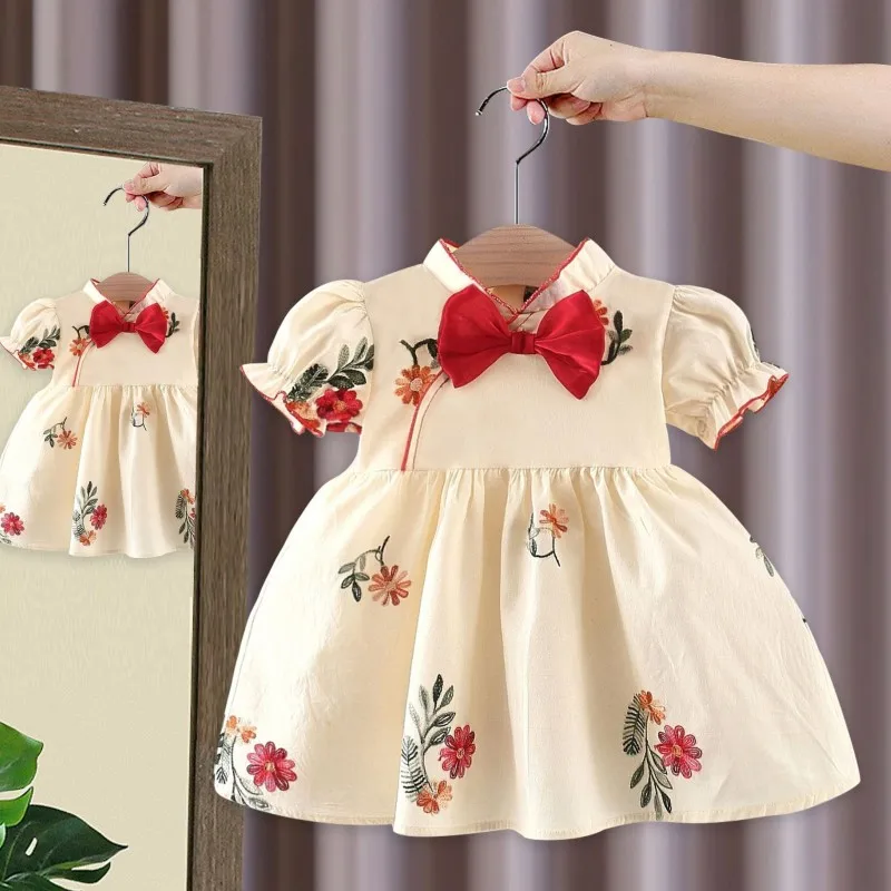 

Летнее платье для девочек, новое платье для новорожденных, с бантом и вышивкой в китайском стиле, платья принцессы с короткими рукавами, одежда для маленьких девочек 1 год