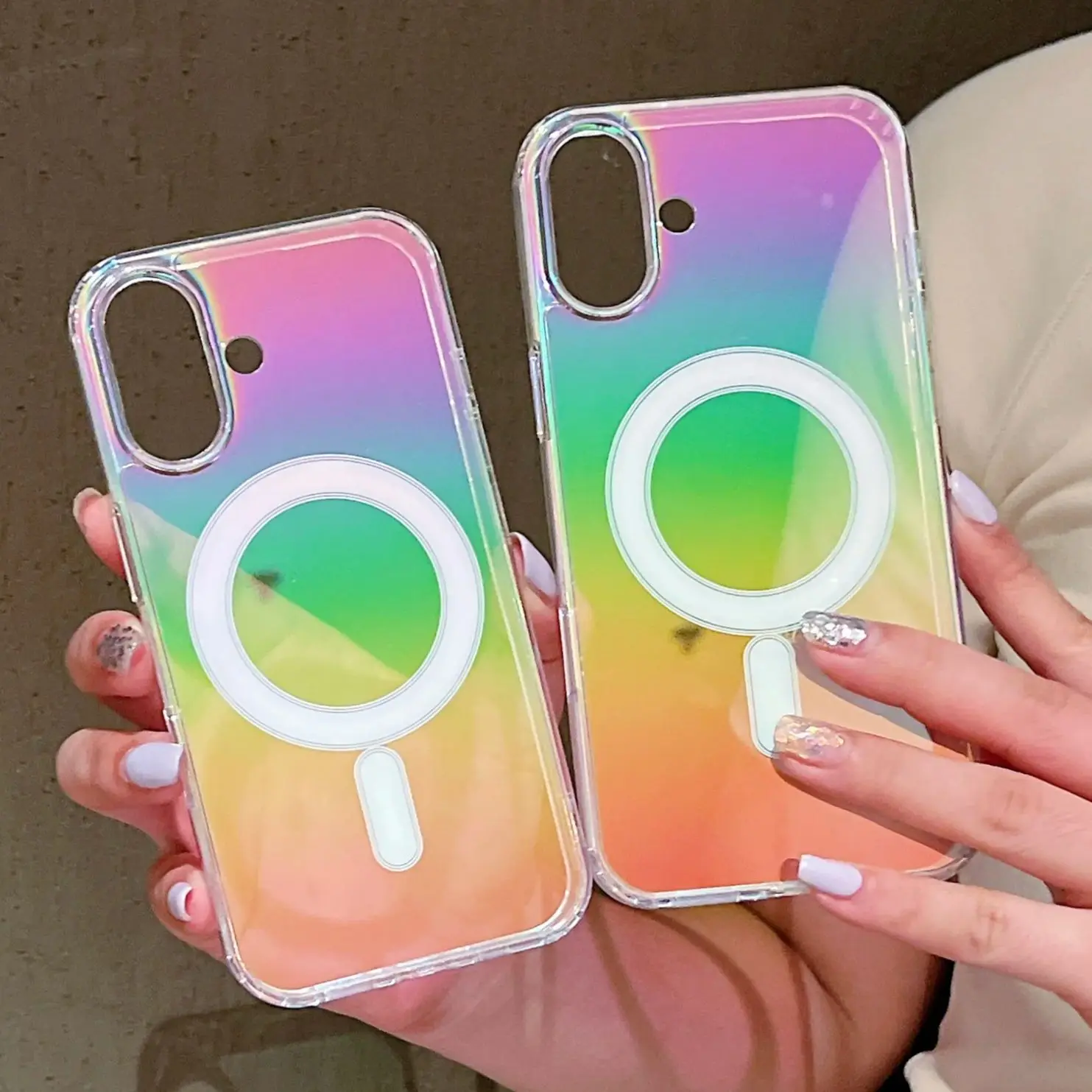 Clear Laser Rainbow Magnetic Phone Case with Wireless Charging Cover