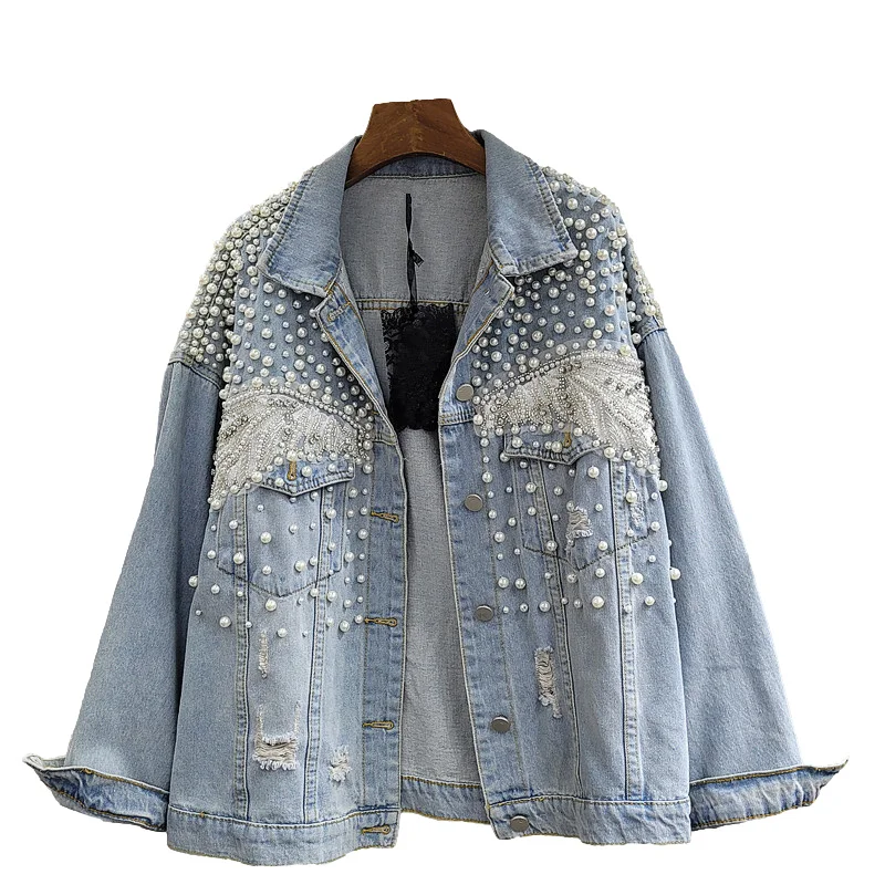 

Fashion Pearl Diamonds Denim Jacket Women Loose Casual Short Cowboy Outerwear Holes Big Pocket Long Sleeve Jeans Jackets Female