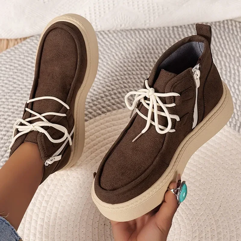 

2023 Leather Brown Boot Women Camel Nubuck Lace Up Winter Autumn Retro Thick Bottom Short Side Zip Boots
