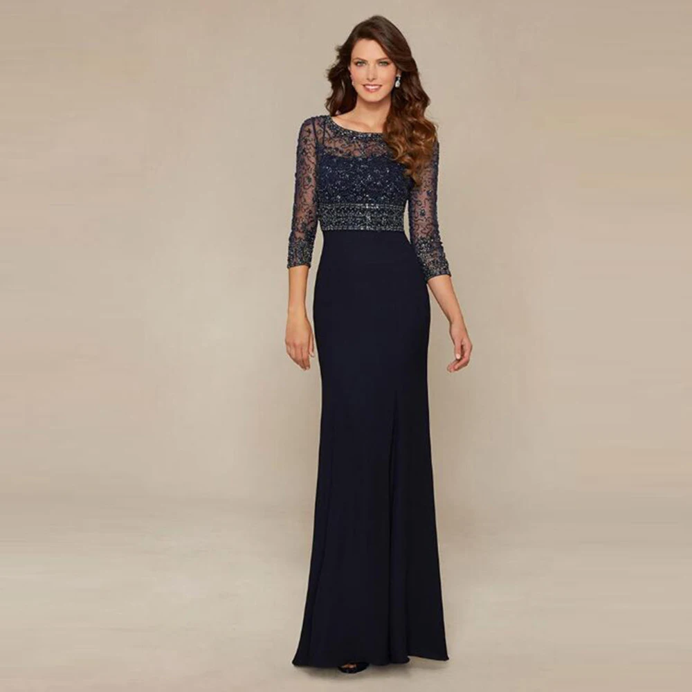 

Dark Navy Chiffon O Neck Beading Mother of the Bride Dresses With Three Quarter Sleeve Wedding Guest Gowns On Sale